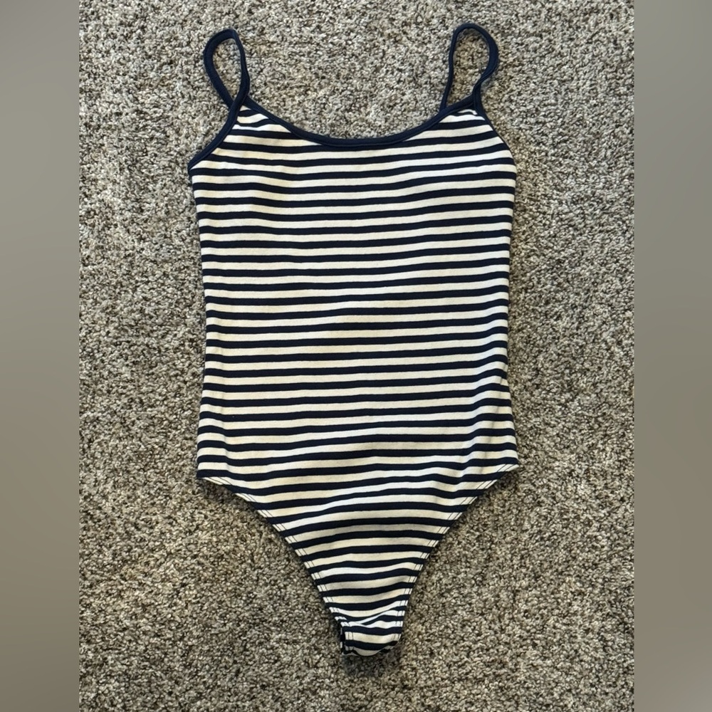 John Galt Brandy Melville Navy White Striped Low Back Bodysuit